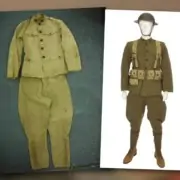 Khaki and olive war uniforms worn by soldiers during WWI
