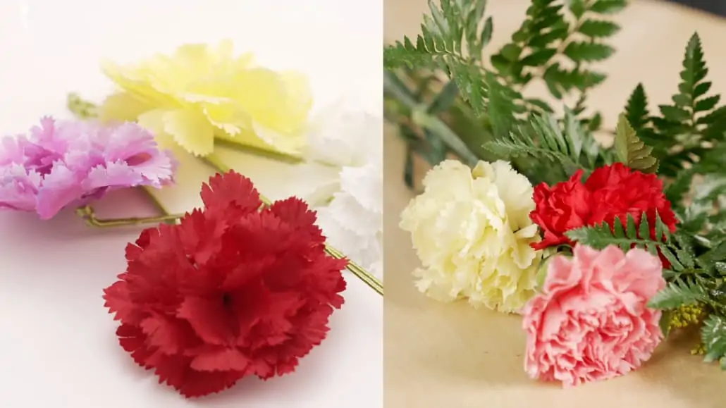 Artificial carnation boutonnieres and natural carnation flowers