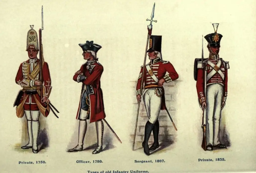 A selection of British Military 'redcoat" uniforms from the late 18th and early 19th centuries.
