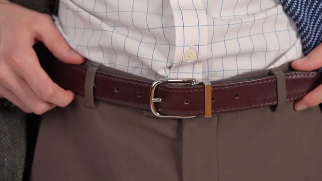 Preston wearing the Bordeaux Burgundy Red Calf Leather Belt from Fort Belvedere