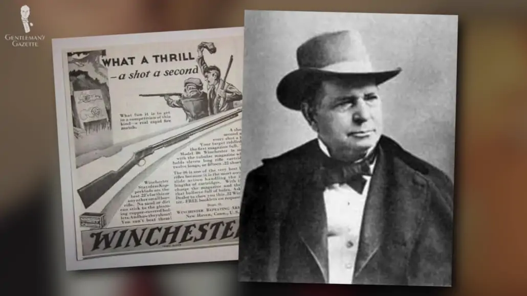A photo of Oliver Fisher Winchester beside a newspaper clip about his Winchester rifle company