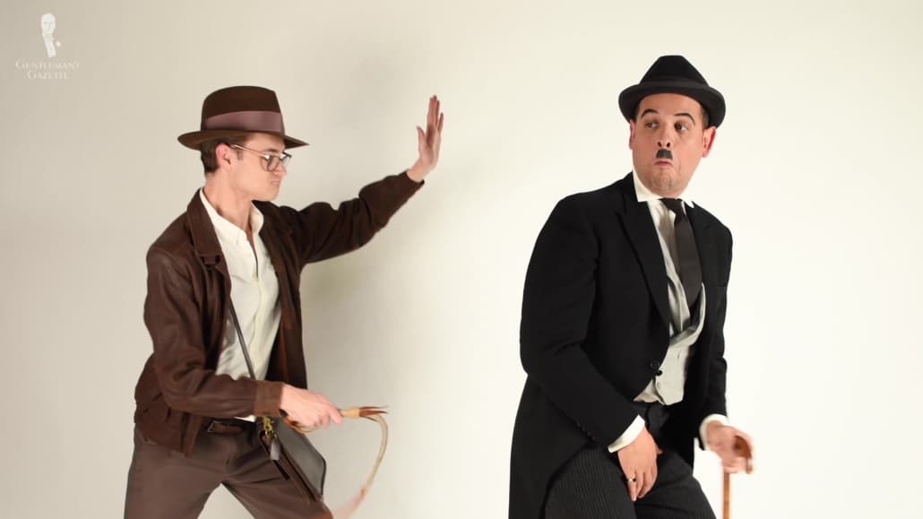 Preston and Raphael dressed as Indiana Jones and Charlie Chaplin