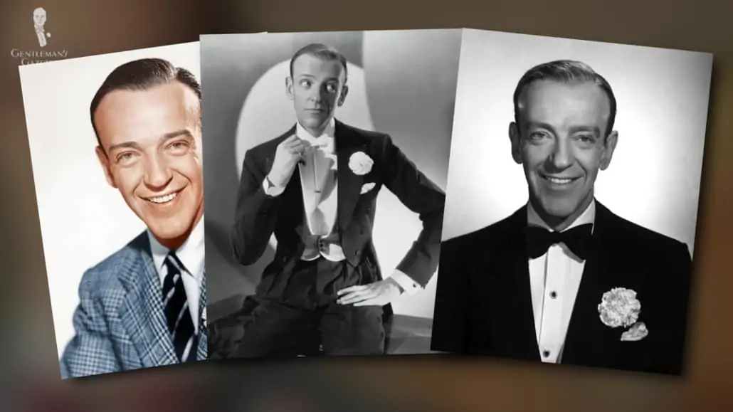 Three different images of Fred Astaire in black and white tie outfits and white carnation boutonniere.