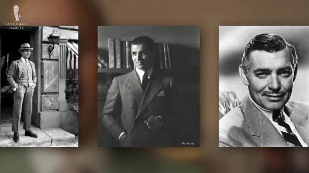 Three photos of Clark Gable in formal wear. 