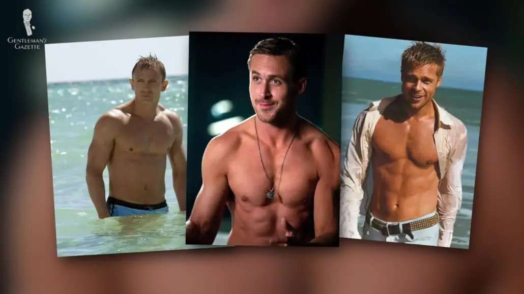 Daniel Craig, Ryan Gosling, and Brad Pitt not wearing shirts.