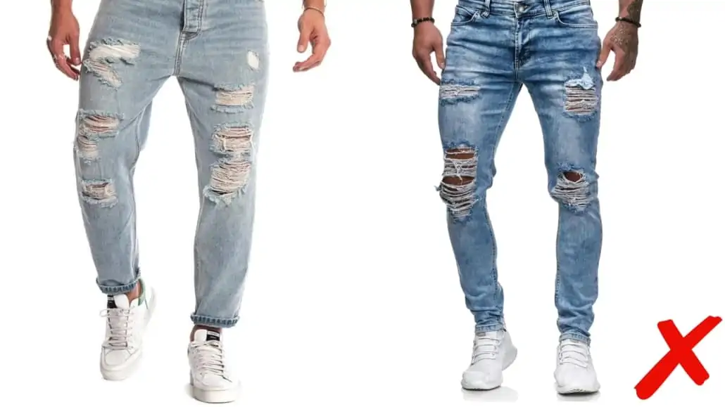 Two examples of distressed denim jeans. 