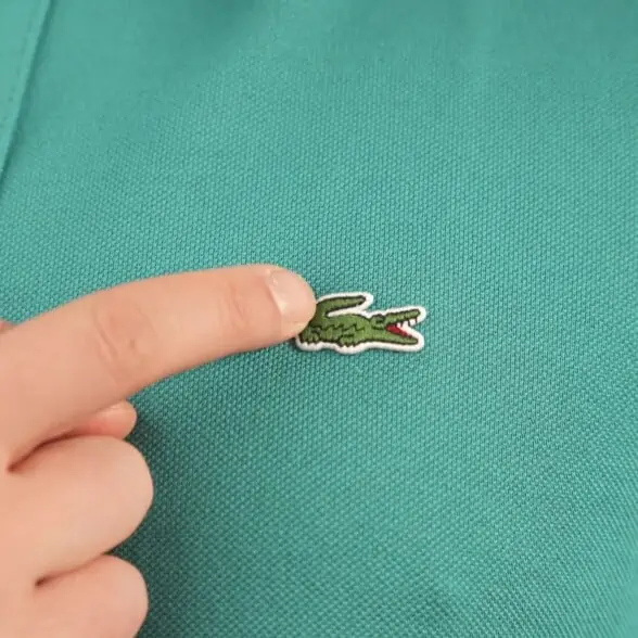 Raphael pointing to the Lacoste logo on a turquoise shirt.
