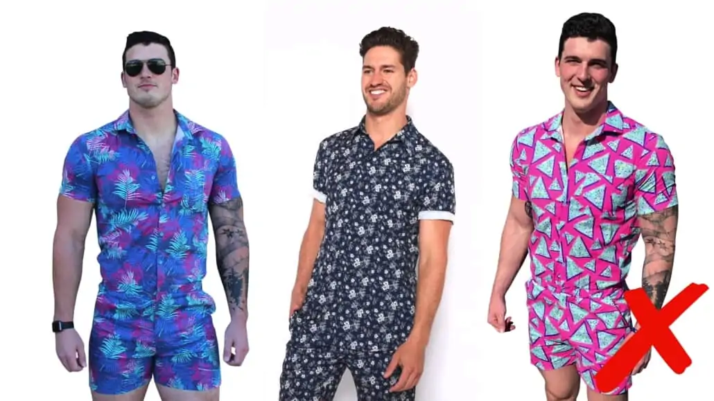 Three men wearing male rompers in different colors. 