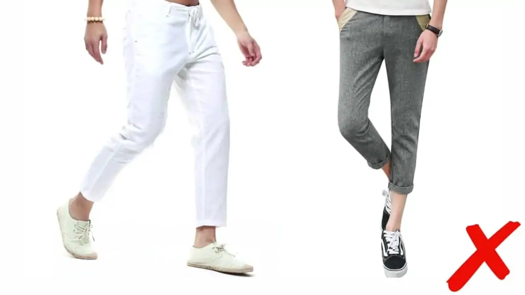 Two examples of man capris paired with sneakers. 