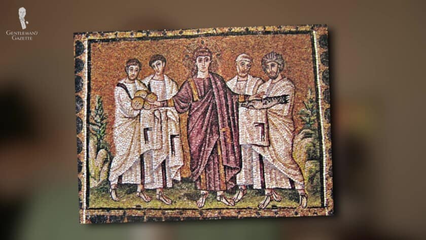 An illustration of a Roman emperor and his subjects.