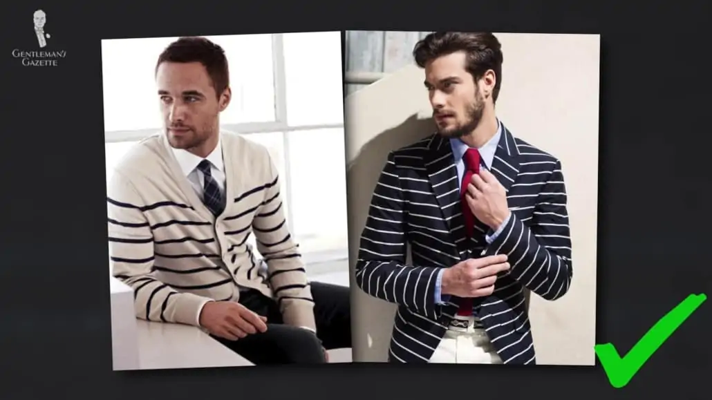 Two thinner men wearing horizontal striped jackets.