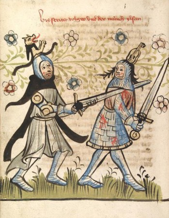 A medieval illustration depicting knights wearing surcotes