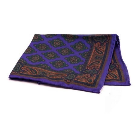 Madder Silk Pocket Square in Purple with Green Diamond Motif and Red Paisley- Fort Belvedere