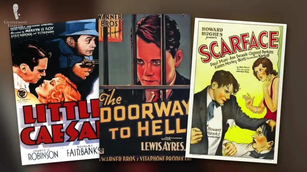 Posters of gangster films from the 1920s onwards