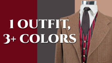 3 Colored ensemble consisting a brown jacket, red & black stripe waistcoat, plain white shirt and a brown grenadine tie.