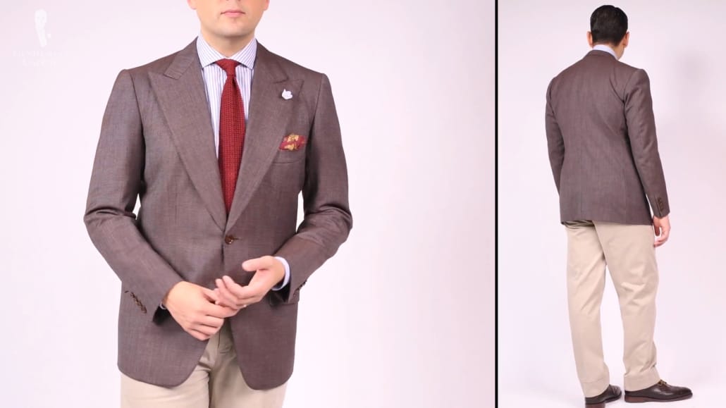 An example of spezzato working with varying shades of brown (using a brown suit jacket and khaki chinos)