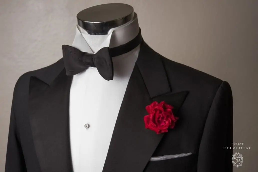 Black Faille Grosgrain Single End Bow Tie in Silk Fort Belvedere on tuxedo dinner jacket