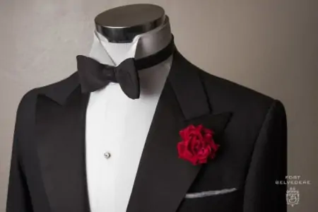 Black Faille Grosgrain Single End Bow Tie in Silk Fort Belvedere on tuxedo dinner jacket