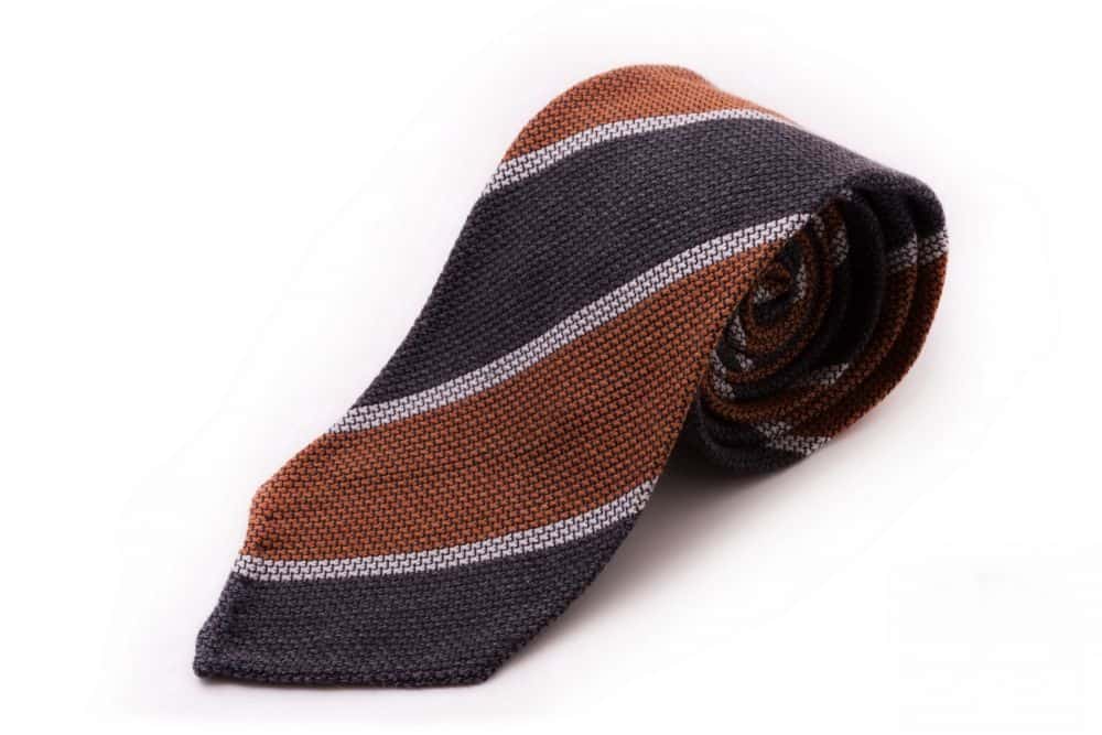 Cashmere Wool Grenadine Tie in Orange, Gray Wide Stripe - Fort Belvedere