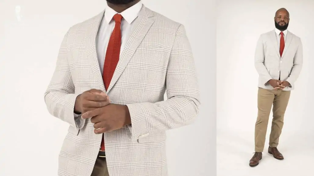 This warm-weather outfit features an orange knit tie from Fort Belvedere