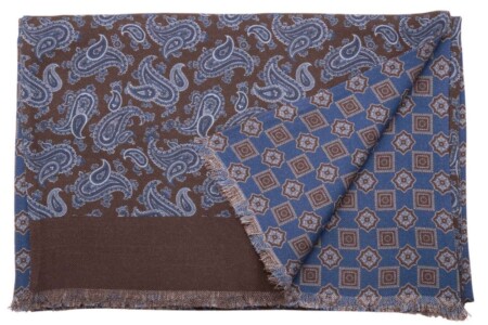 Double Sided Wool Silk Scarf in Brown, Navy, & Blue Paisley with Geometric Pattern - Fort Belvedere