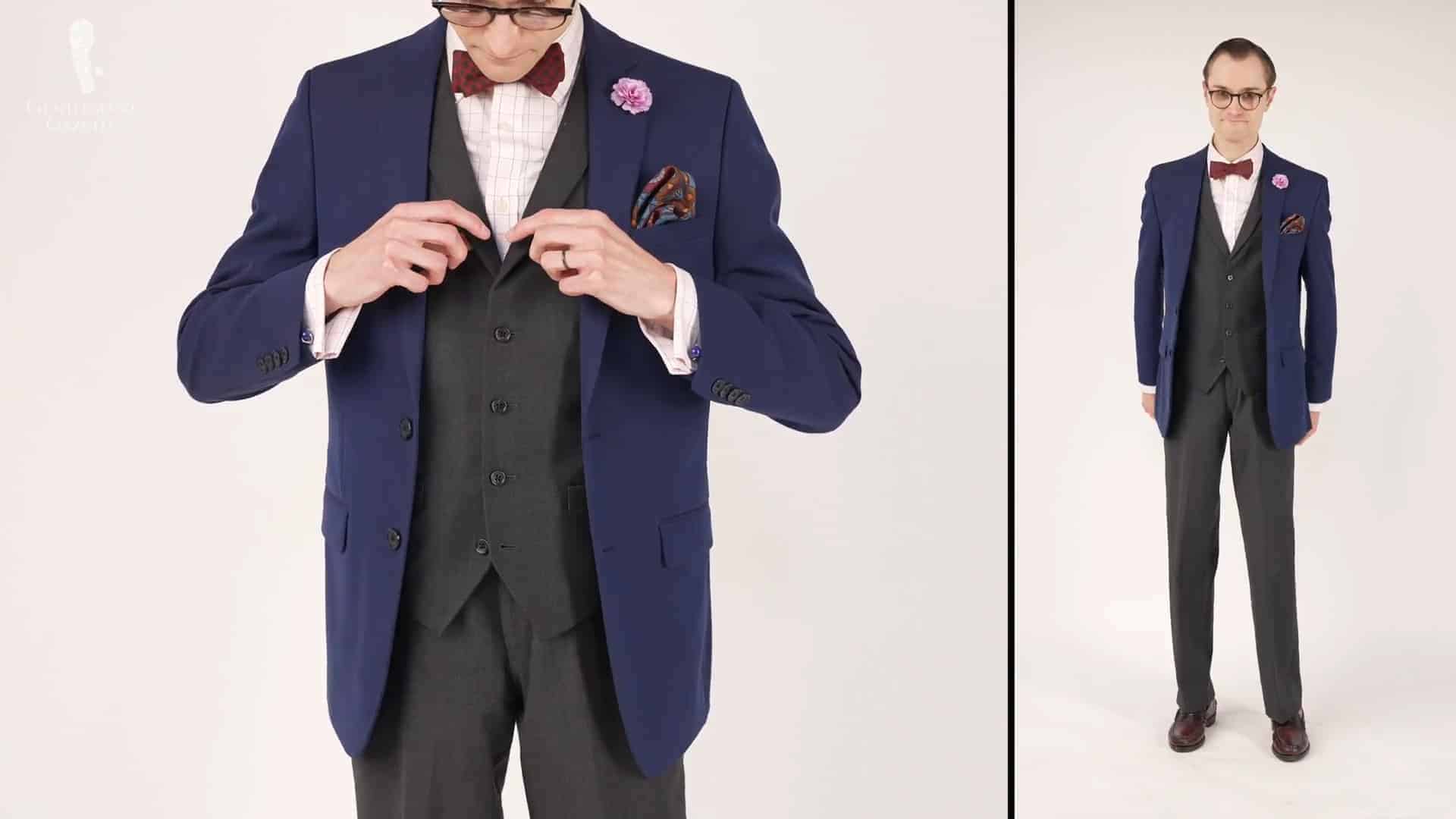 Preston wearing a charcoal and royal blue spezzato look accented by Fort Belvedere accessories