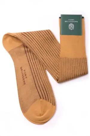 Product shot of Caramel and Dark Burgundy Shadow Stripe Ribbed Socks Fil d'Ecosse Cotton - Fort Belvedere