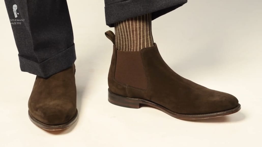 suede brown chelsea boots and Shadow Stripe Socks Dark Brown and Beige