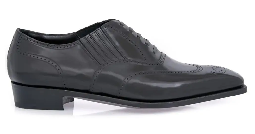 A George Cleverley “Churchill” lazyman shoe, featuring a sloped Cuban heel