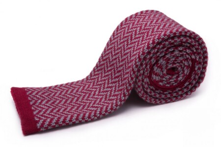 Knit Tie in Red - Light Grey Wool Herringbone