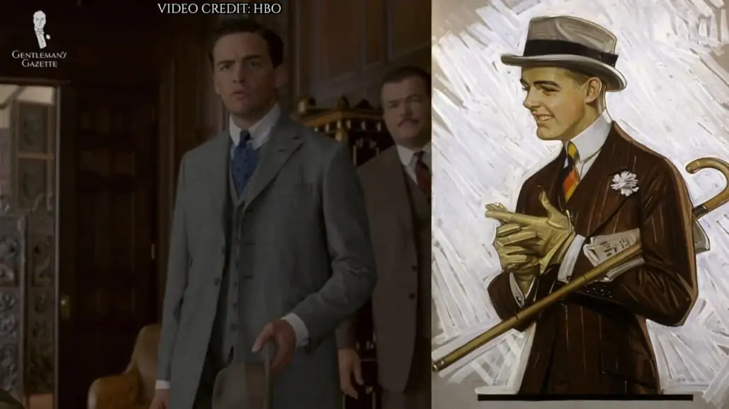 In the series, Lucky Luciano's outfits are reminiscent of J. C. Leyendecker illustrations.