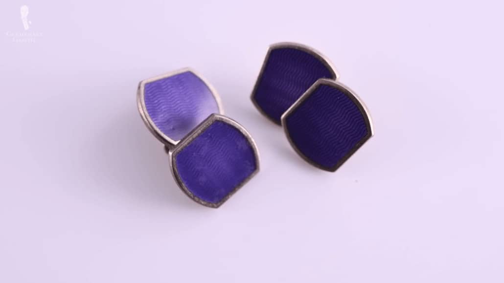 Purple Enamel Cufflinks In Sterling Silver Double Sided In Unusual Shape That Is Round With Cut Off Edges Purple Enamel cufflinks in sterling silver, double-sided in unusual shape that is round with cut off edges