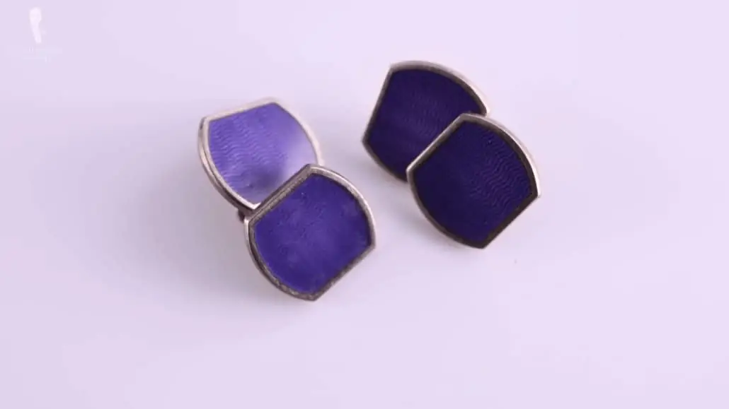 Purple Enamel cufflinks in sterling silver, double-sided in unusual shape that is round with cut off edges
