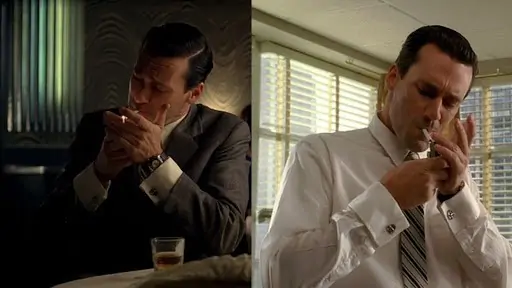 Don Draper in Mad Men scenes wearing cufflinks.