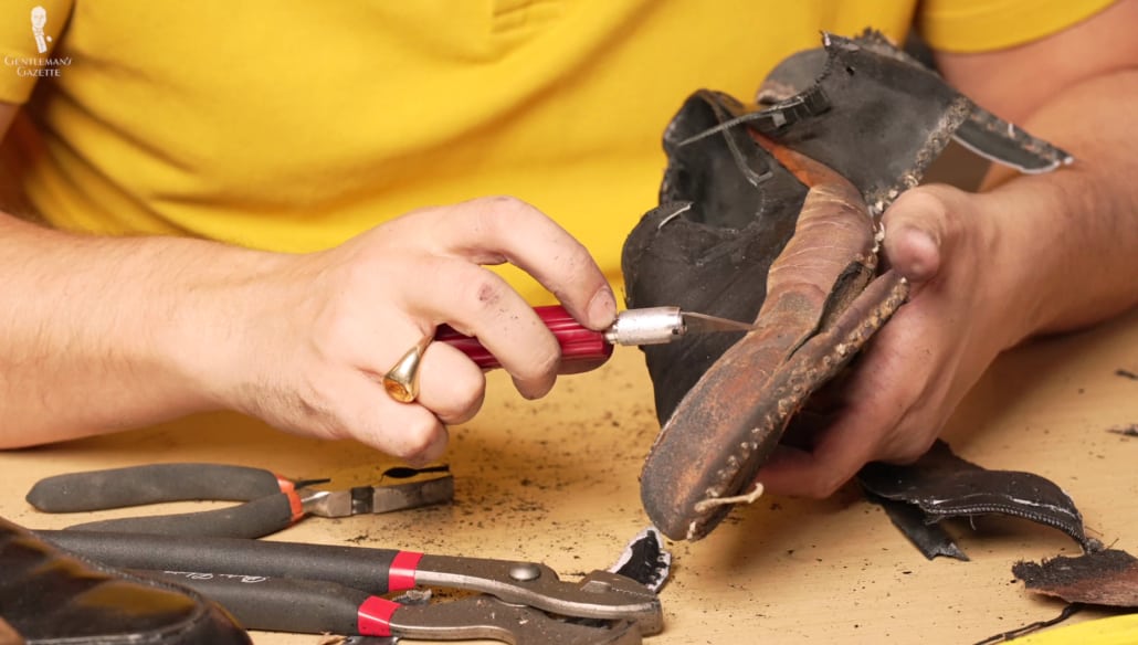 Under the outer layer of leather, another layer is found on the bespoke Lobb shoes.