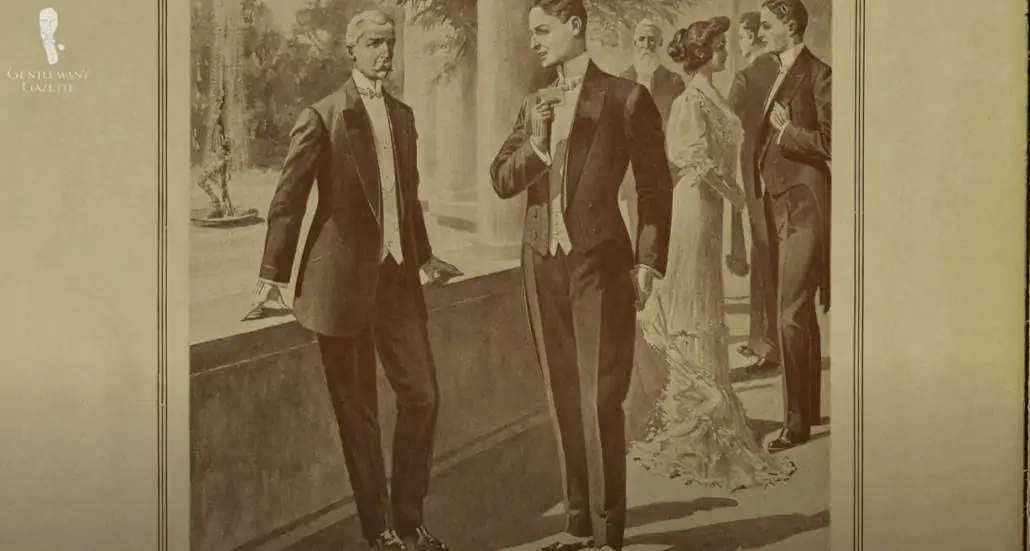 Early 20th Century illustration of men wearing evening gloves for White Tie.