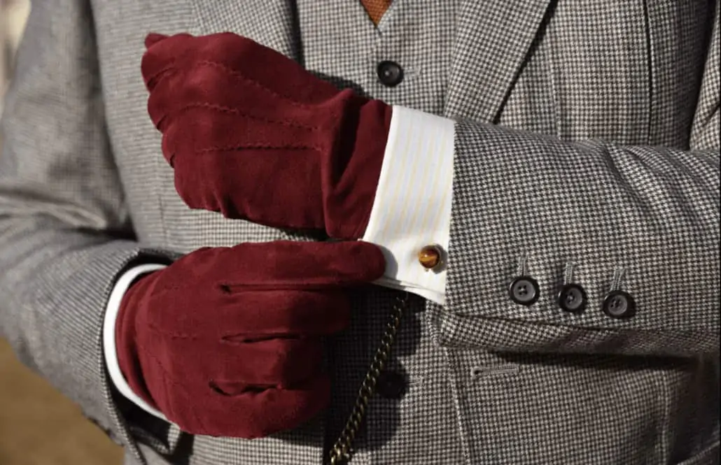 Burgundy Red Suede Unlined Leather Men's Gloves with Button by Fort Belvedere