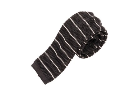 Knit Tie in Black Silk with Fine White Horizontal Stripes- Fort Belvedere