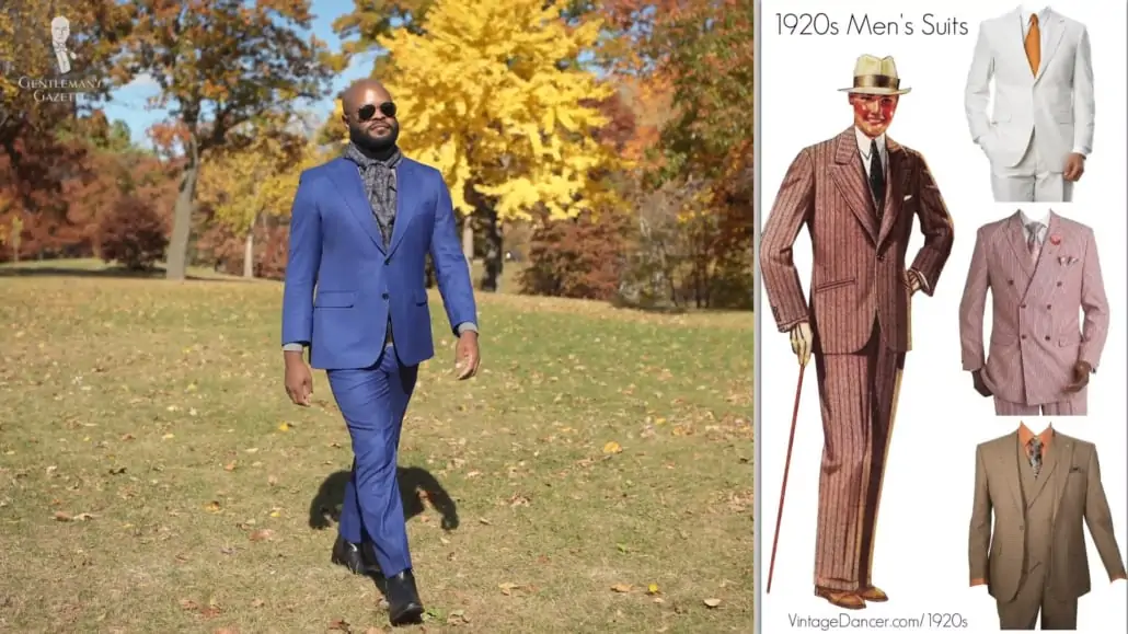 A modern suit (left) has a lower gorge height than models from the 1920s (right).