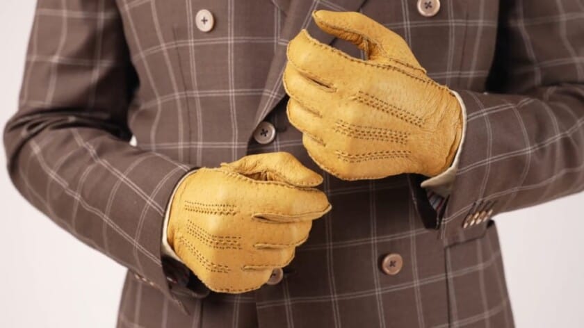 Peccary Gloves Unlined in Chamois Yellow with Button from Fort Belvedere