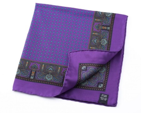Purple Silk Pocket Square with Dotted Motifs and Paisley Fort Belvedere