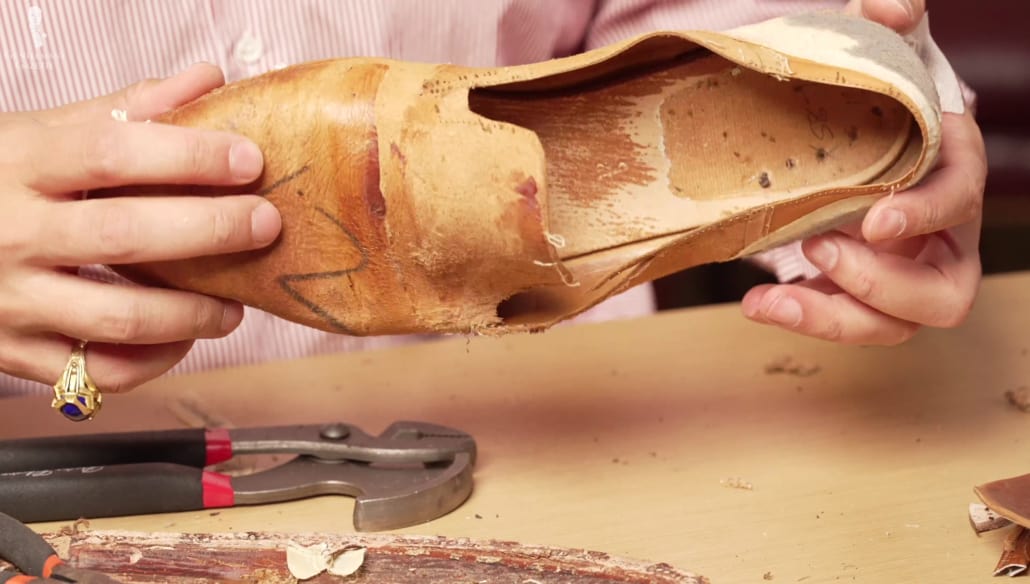 The inner lining of the disassembled Lobb Paris shoe.