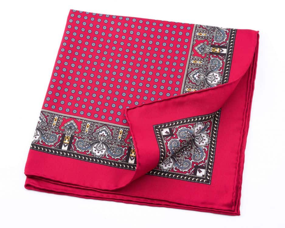 Red Silk Pocket Square with Dotted Motifs and Paisley Fort Belvedere