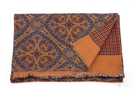 Reversible Scarf in Burnt Orange, Red and Blue Silk Wool Pattern and Checks Fort Belvedere