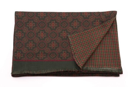 Reversible Scarf in Dark Green and Red Silk Wool Motif and Check Fort Belvedere