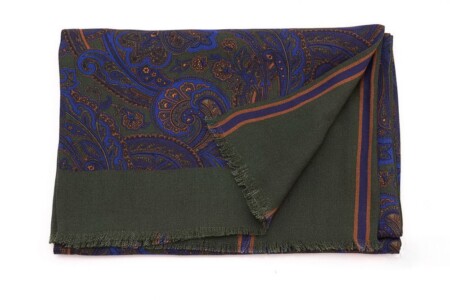 Reversible Scarf in Green and Blue Silk Wool Paisley and Stripes Fort Belvedere