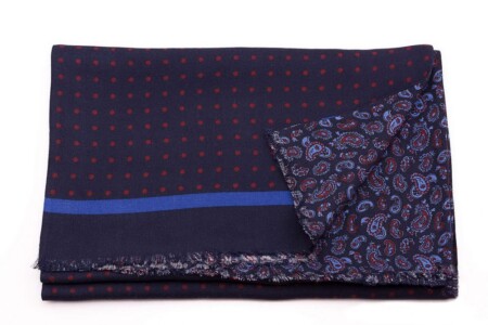 Reversible Scarf in Navy Blue and Red Silk Wool Polka Dots and Paisley
