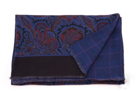 Reversible Scarf in Royal Blue and Red Silk Wool Polka Paisley and Glen Check Fort Belvedere