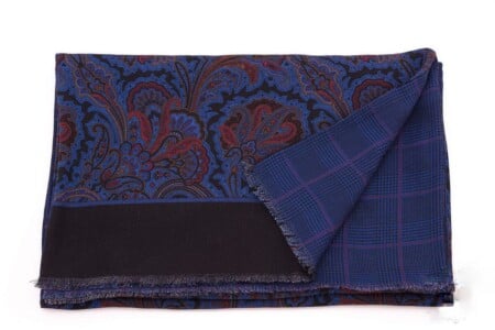 Reversible Scarf In Royal Blue And Red Silk Wool Polka Paisley And Glen Check Fort Belvedere Reversible Scarf in Royal Blue and Red Silk Wool Polka Paisley and Glen Check Fort Belvedere