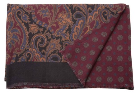 Wool Silk Scarf in Black, Dark Red, Blue, Sunflower Yellow, Light Brown Paisley & Round Micropattern